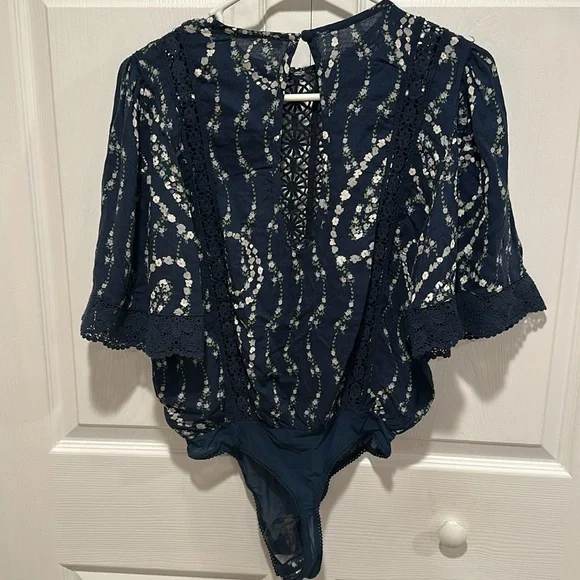 FREE PEOPLE Bali Tate Mixed Media Navy Lace Bodysuit
